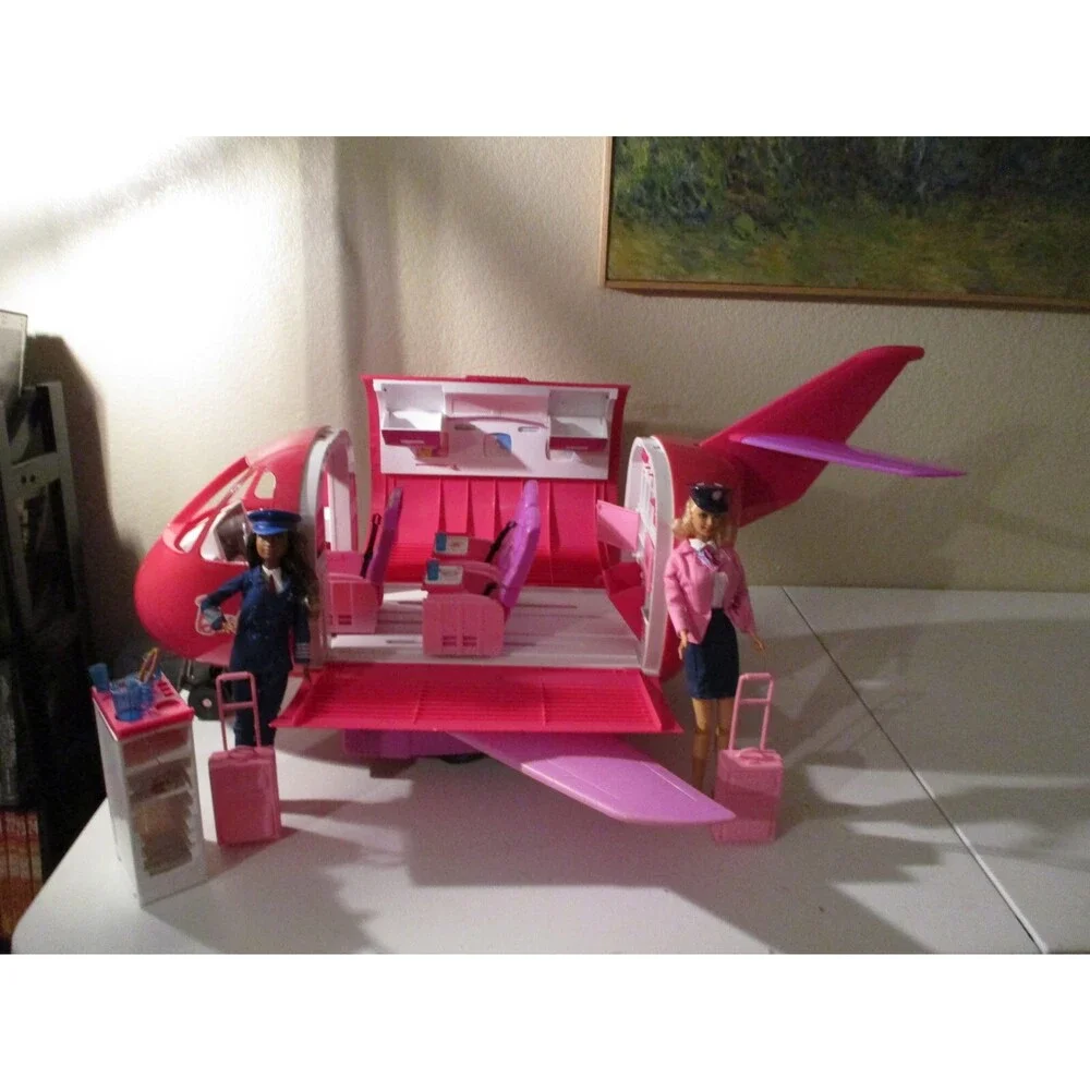 Barbie Pink Jumbo Jet With Accessories Plus Pilot & Stewardess Barbie Dolls